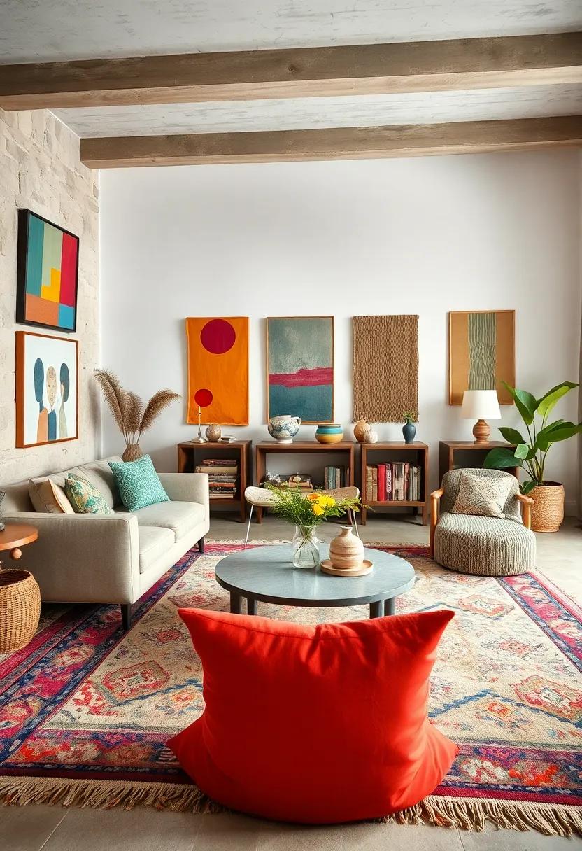 Colorful Bohemian Living Space With Mixed Patterned Rugs, Vintage Weavings, and Handcrafted Accent Pillows