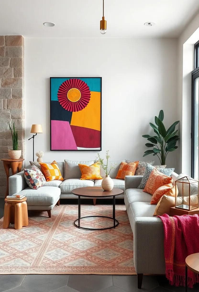 Living Room Atmosphere Infused with Bright Geometric Art and Patchwork Quilted Cushions in a Cozy Setup