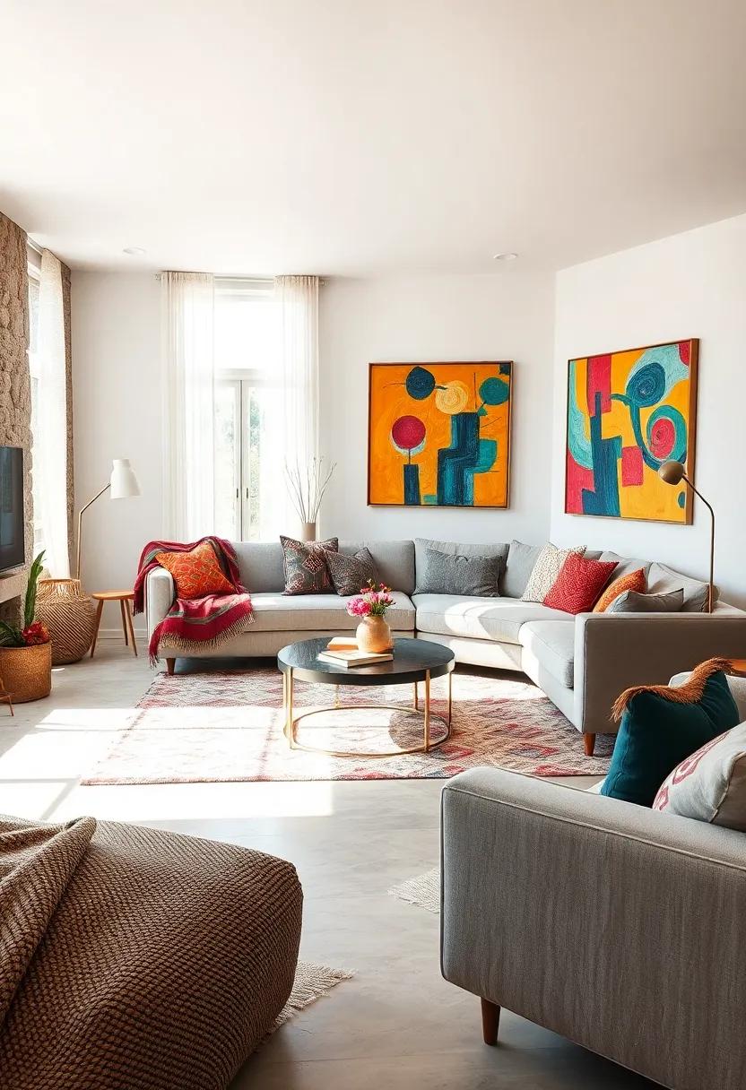Sunlit Living Room Design Combining Tribal Textile Throws With Bright Expressionist Art for a Lively Mood