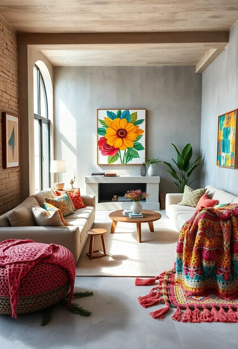 Creative Living Room with Bright Floral Art and Multicolored Crochet Throws Blending Texture and Color Play