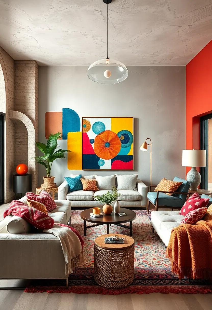 Living Room with Kaleidoscopic Abstract Murals and Artisanal Cotton Throws Binding Bold Color Palettes