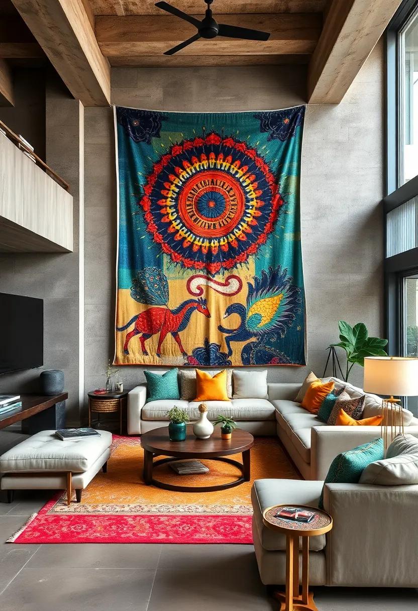 Oversized Colorful Tapestries and Eclectic Wall Art Creating a Dynamic Urban Living Environment