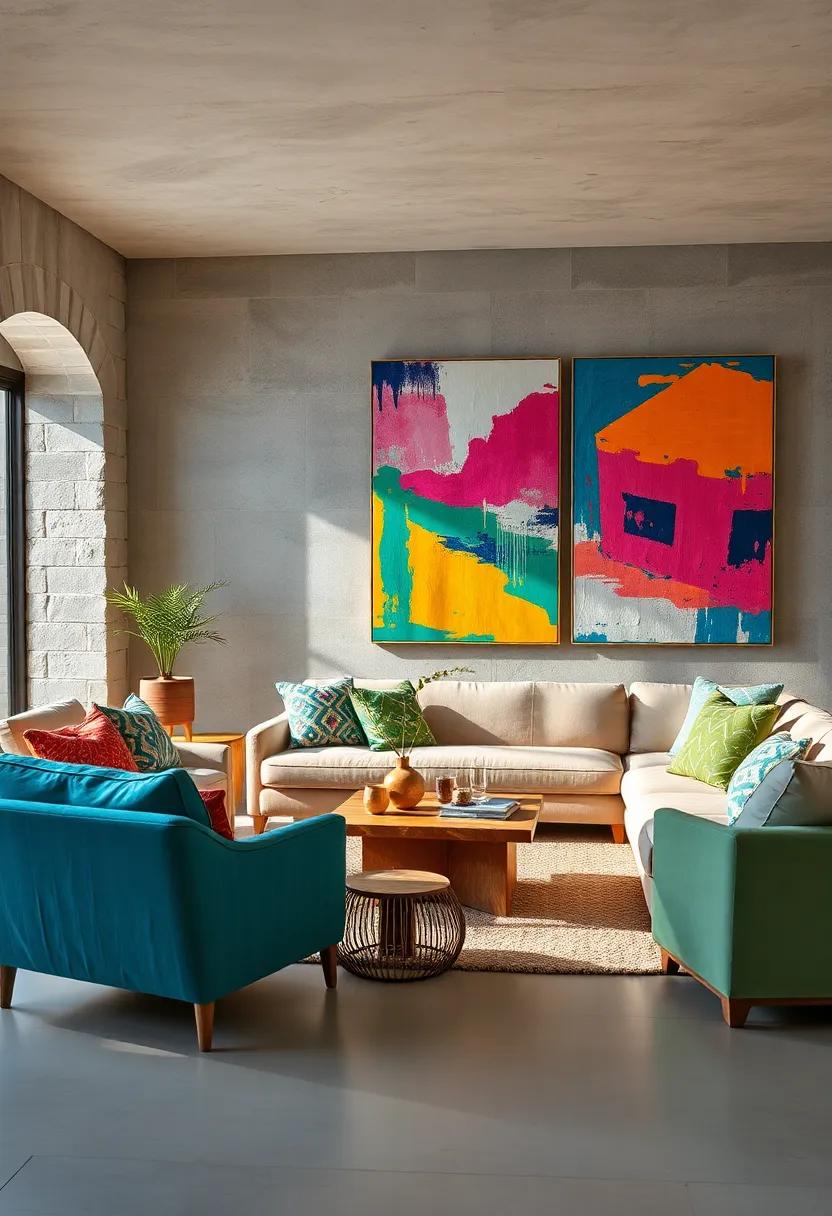 Vivid Artistic Living Room Setup With Basketweave Textiles and Large Chromatic Canvases on Display
