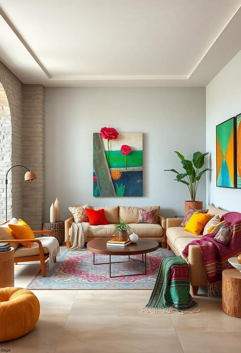 Inviting Lounge Area with Surrealist-Inspired Artwork and Cozy Handloom Throws Mixing Colors and Styles