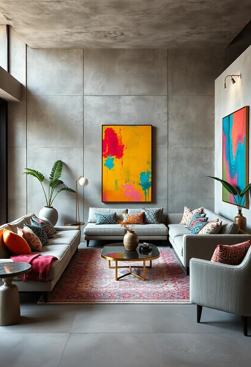 Vibrant Living Room Furnished With Large Multicolor Canvases and Exotic Textile Accents Around Plush Seating