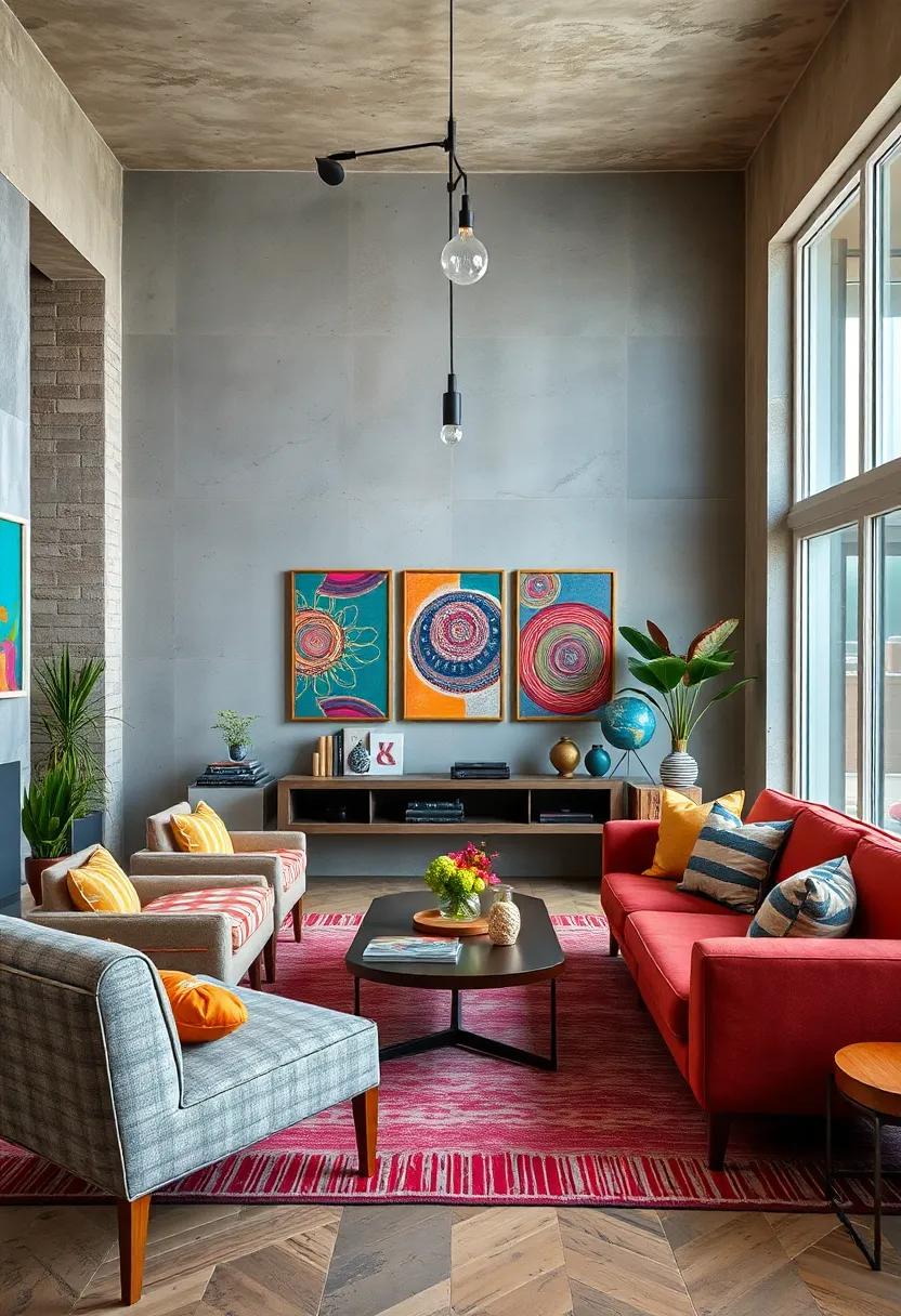 Midcentury Modern Eclectic Room Featuring Psychedelic Art Prints and Striped Textile Patterns for Visual Impact