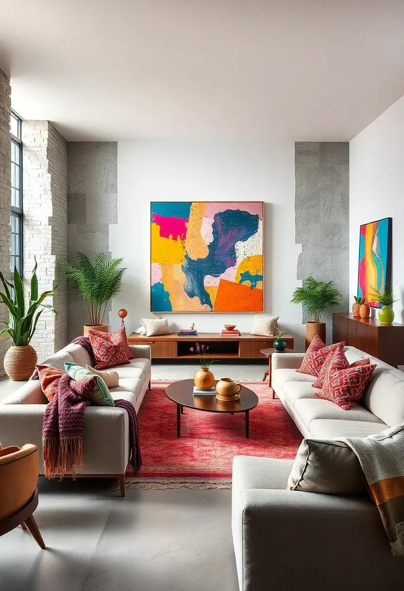 Open Concept Eclectic Room with Structural Art, Color-Drenched Canvases, and Handwoven Textile Throws
