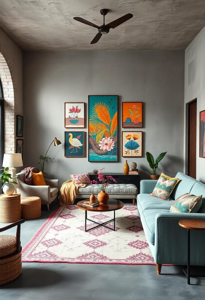Boho Chic Lounge Highlighting Colorful Folk Art Prints and Embroidered Textile Layers For a Homey Feel
