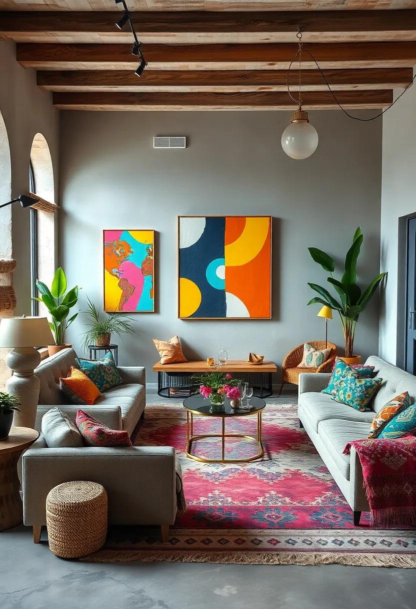 Eclectic Interior With Dramatic Primary Colors in Wall Art Complementing Plush Velvet Upholstery and Drapes