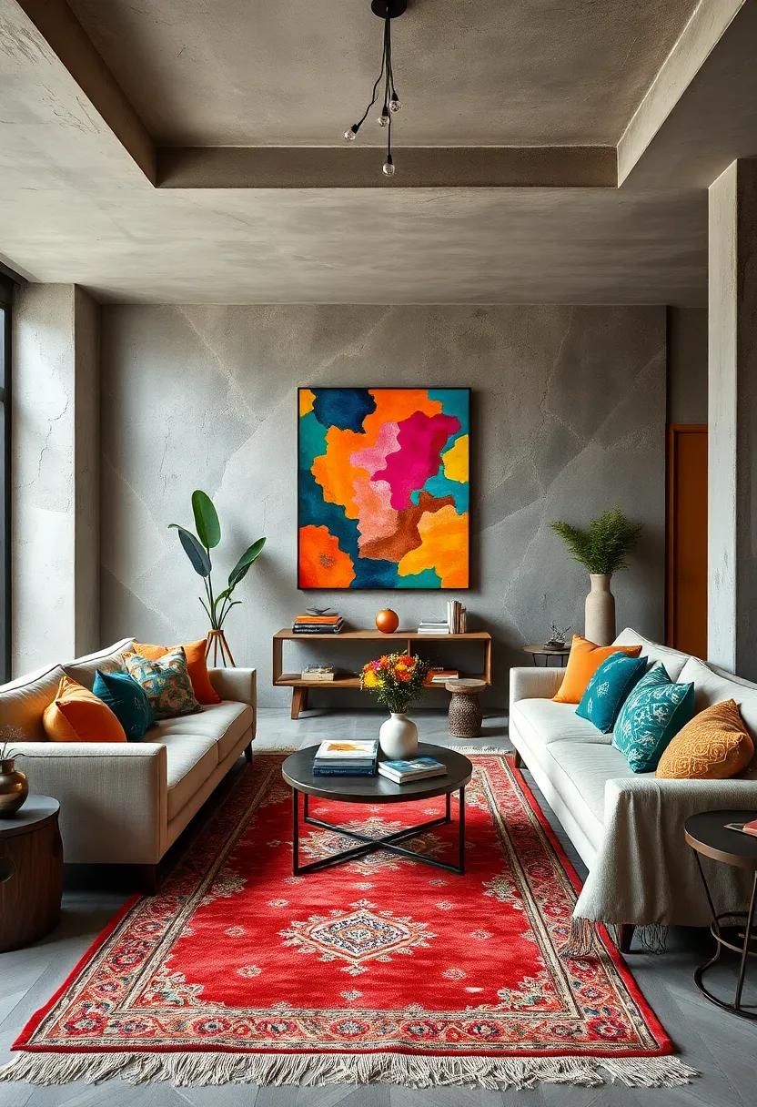 Chic Urban Living Area Infused With Color-Pop Canvas Art and Turkish Rugs Highlighting Playful Contrast