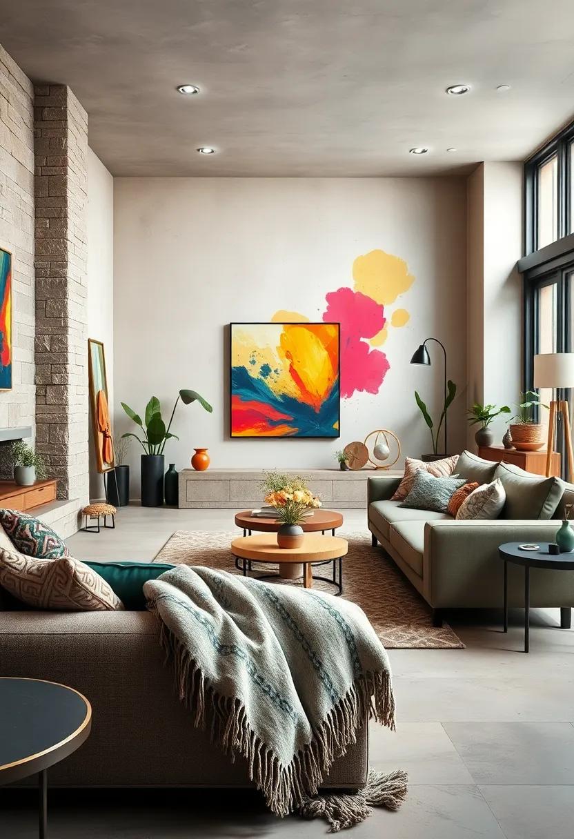 Lush Eclectic Interior Featuring Color Burst Wall Murals Blended with Soft, Patterned Wool Throws