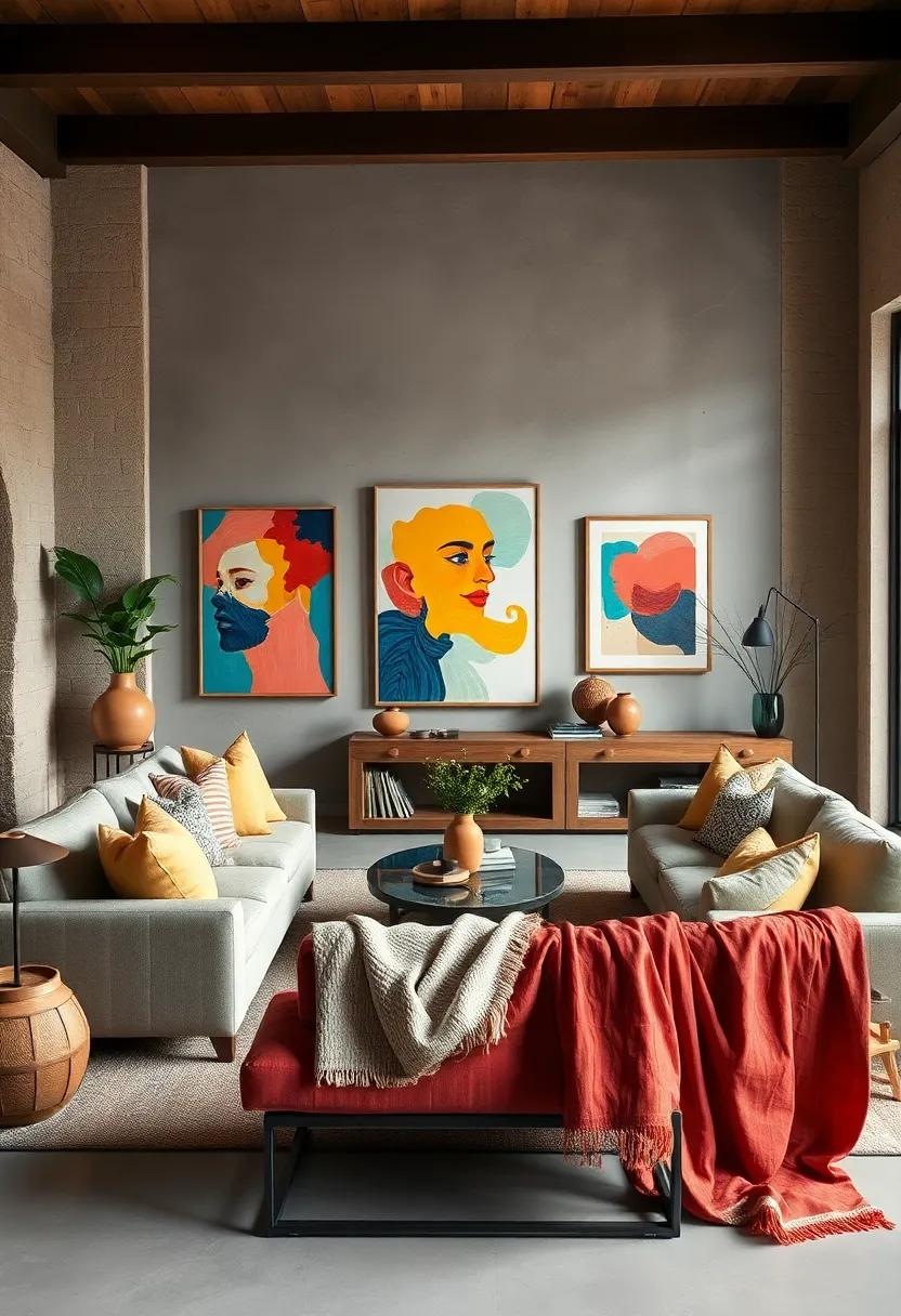 Eclectic Living Room Accented with Colorful Abstract Portraits and Textural Linen Throws in Rich Hues
