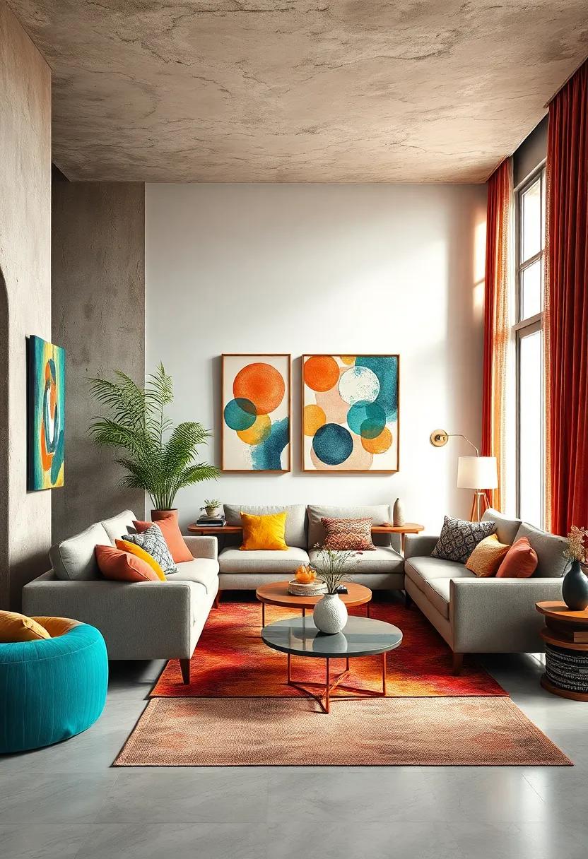 Color-Dominant Interior Featuring Modular Abstract Art Paired with Intricately Patterned Cushions and Rugs