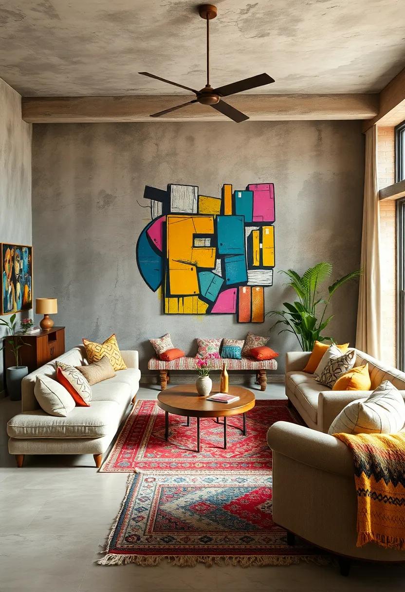 Contemporary Eclectic Room Boasting Vibrant Graffiti-Inspired Murals and Layered Kilim Carpets