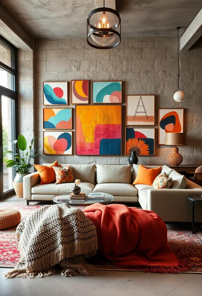 Modern Eclectic Lounge Featuring a Gallery Wall of Colorful Paintings Paired With Textured Throw Blankets