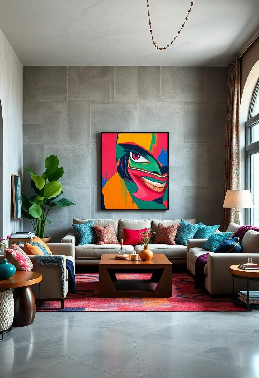 Eclectic Vintage Living Room with Neon Pop Art and Layered Patchwork Fabrics in Deep Jewel Tones