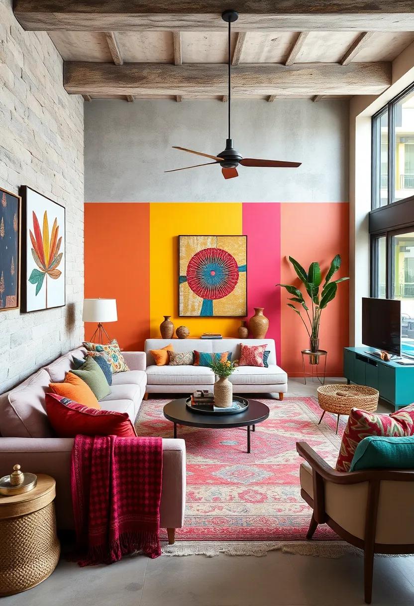 Art-Infused Indoor Space Featuring Bold Color Blocking on Walls and Layered Ethnic Textile Decor