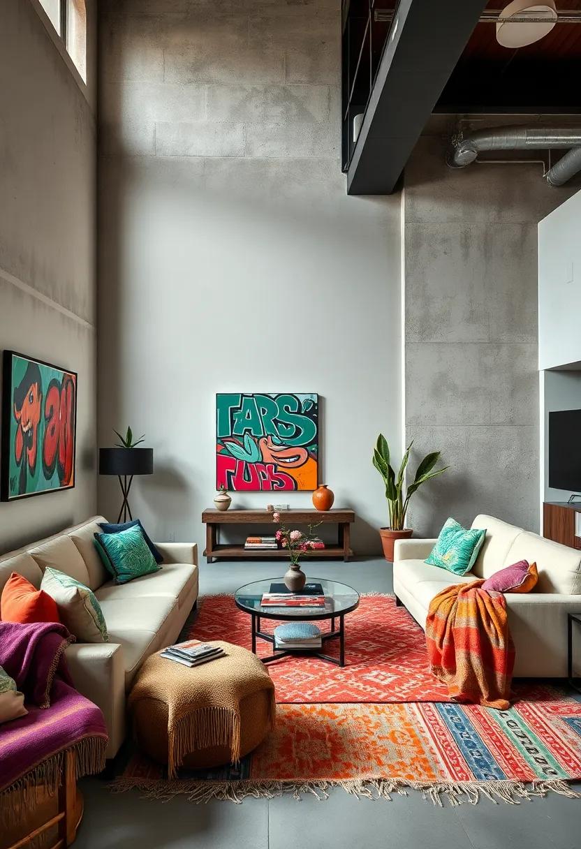 Eclectic Urban Loft Decorated with Graffiti Art and Variegated Textile Throws in Luxurious Fabrics
