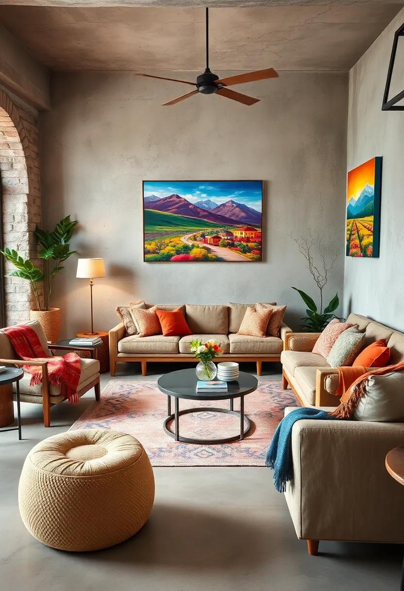 Rustic Meets Modern Eclectic Lifestyle With Handwoven Throws and Vivid Landscape Paintings on Distressed Walls