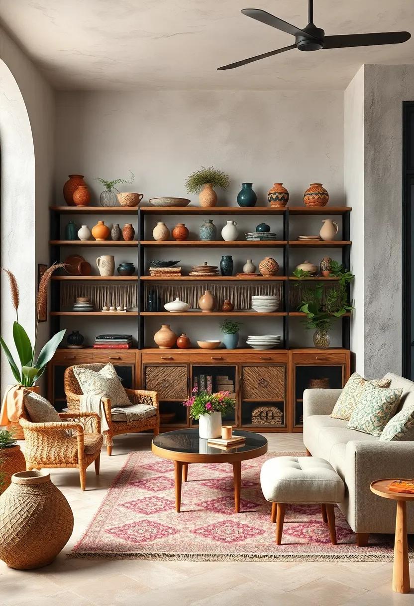 Artisan Craft Pottery in Eclectic Color Palettes Paired with Boho Fringe Accented Shelving