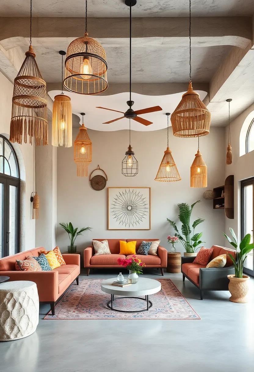 Boho Inspired Ceiling Hangings Mixed with Eclectic Retro Lighting for Artistic Overhead Focus
