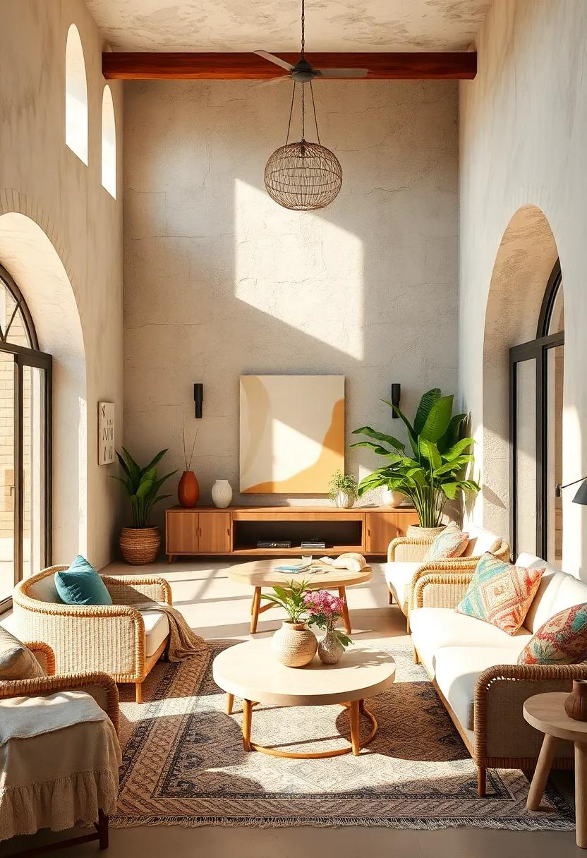 Combining Curved Eclectic Modern Shapes with Natural Rattan Boho Elements in Sunlit Rooms