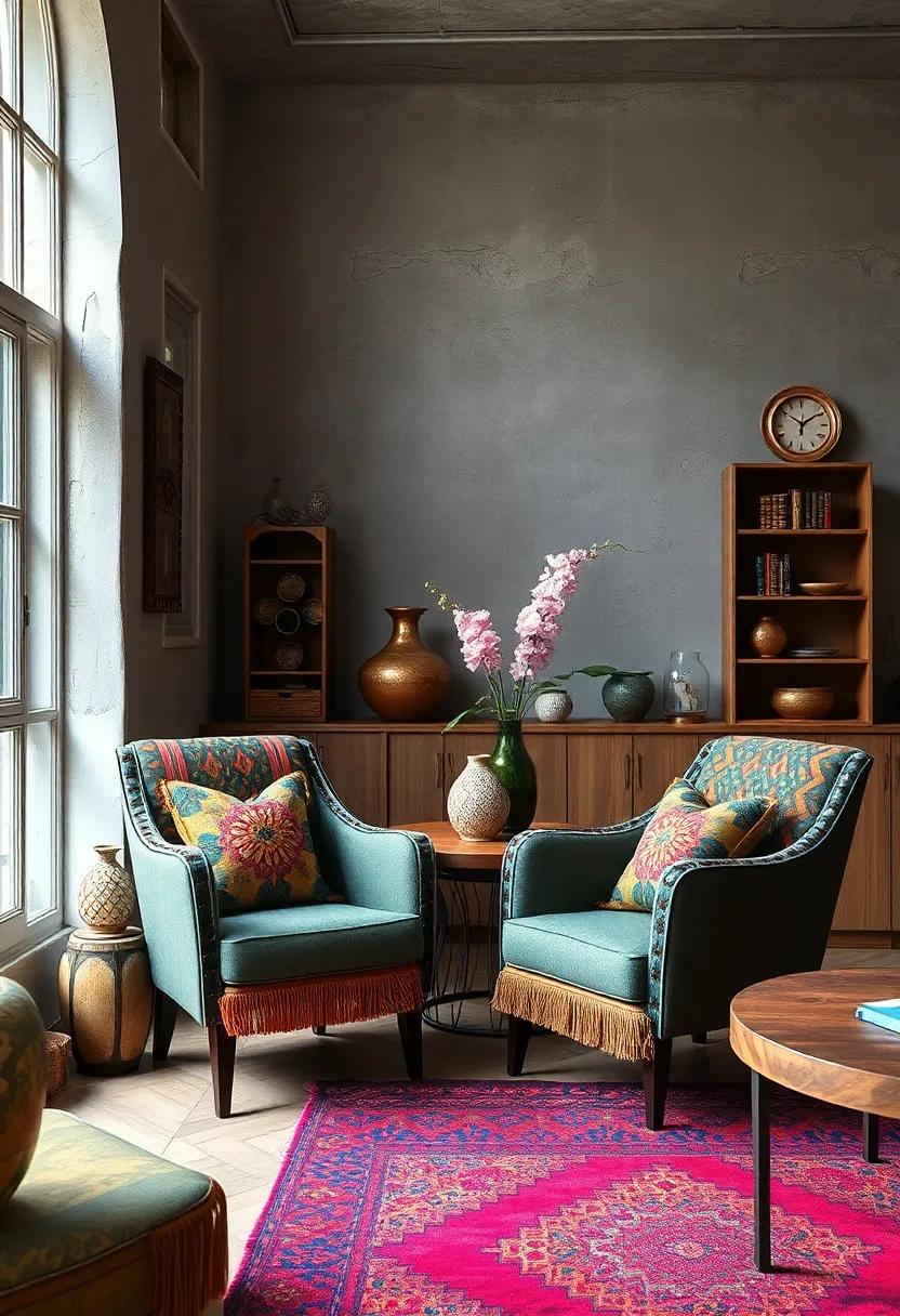 Dramatic Eclectic Statement Chairs Upholstered with Colorful Boho Fabrics in Cozy Corners