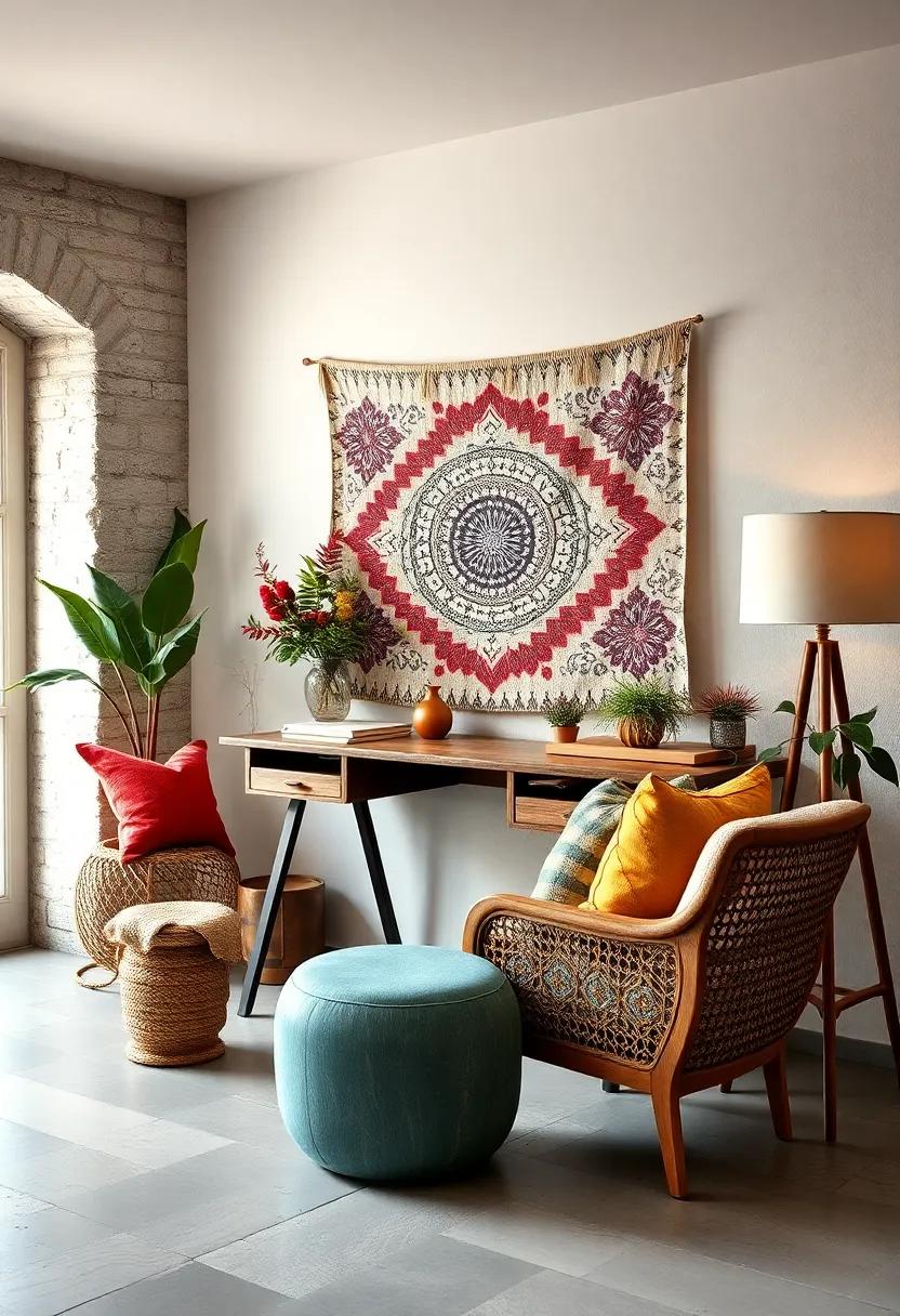 Eclectic Desk Setups Featuring Boho Tapestries and Textured Lamp Bases for Inspirational Workspaces