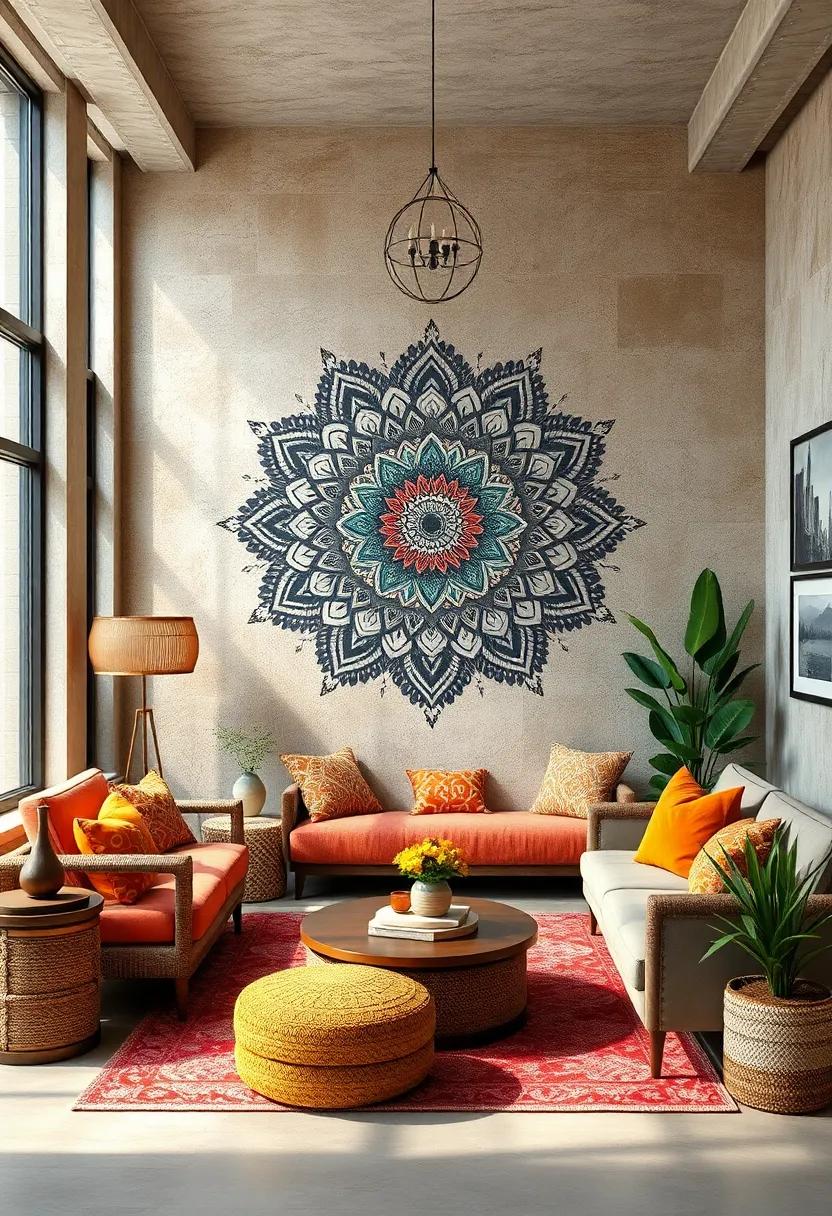 Eclectic Wall Mural Designs Infused with Bohemian Mandala Patterns for a Creative Focus Area