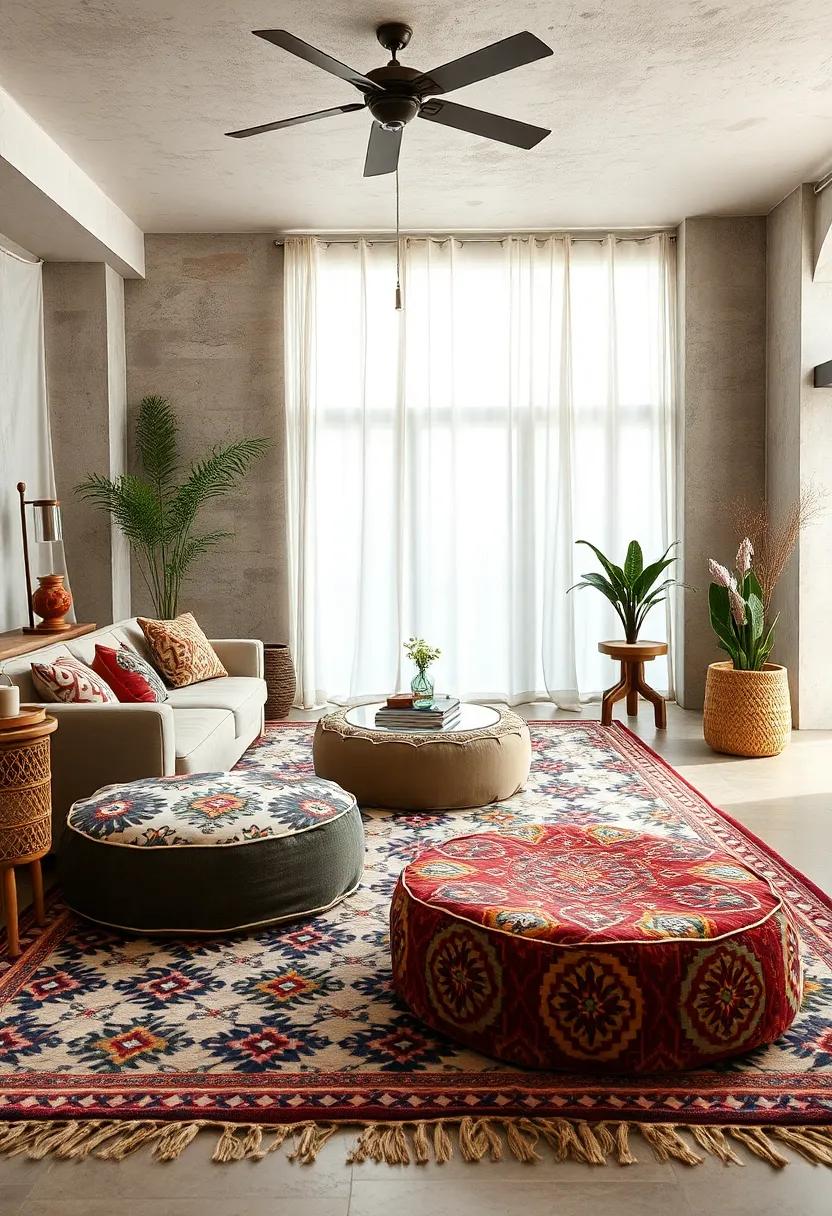 Layering Eclectic Rugs Featuring Graphic Prints Under Boho Poufs and Floor Cushions for Comfort