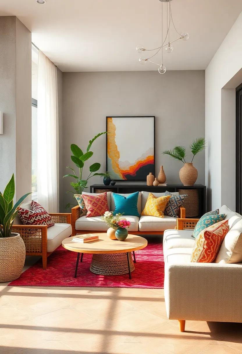Modern Eclectic Minimalism Enhanced with Vibrant Boho Throw Pillows for a Balanced Look