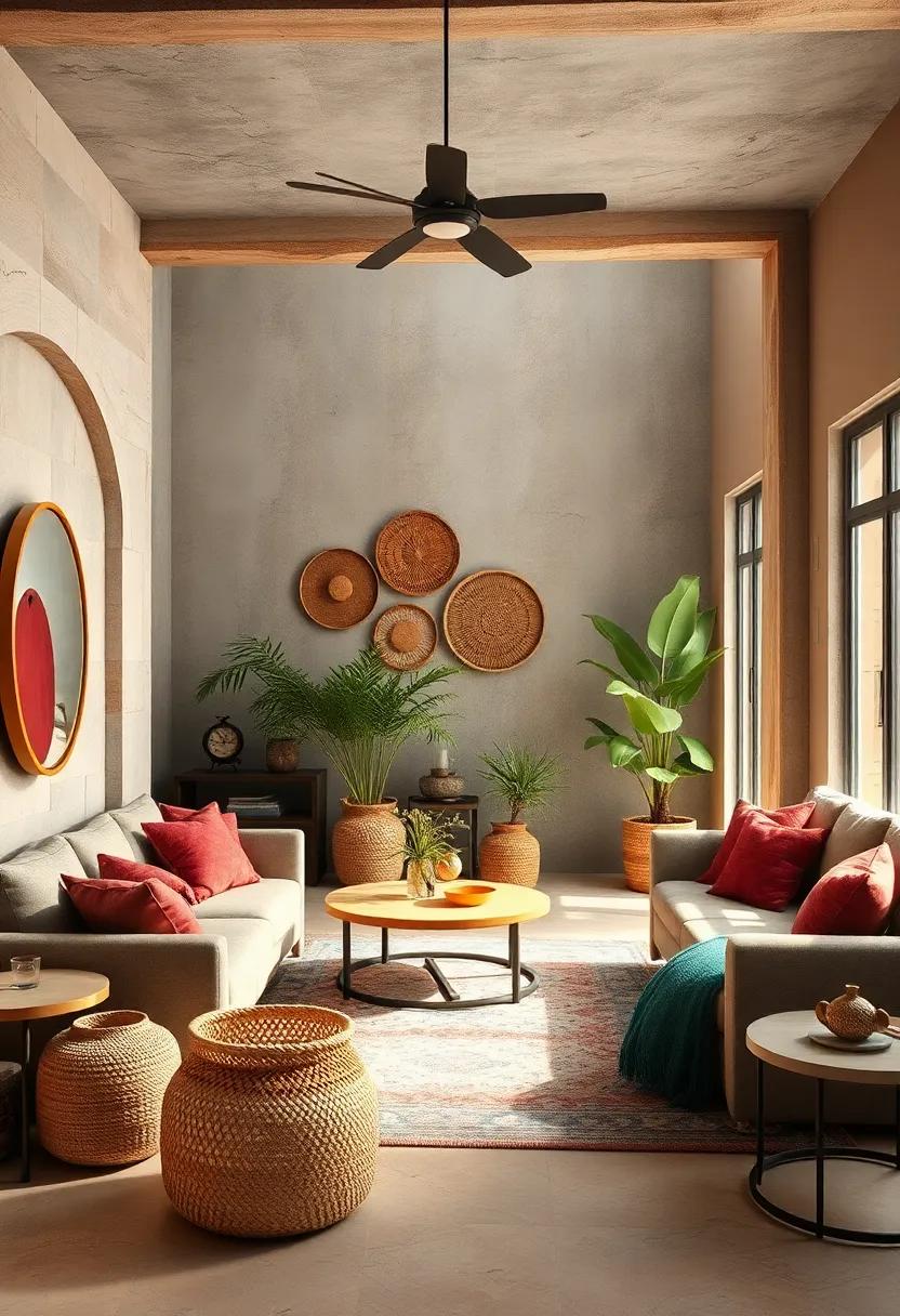 Natural Fiber Boho Baskets Complementing Eclectic Textured Wallpaper in Earth Toned Rooms