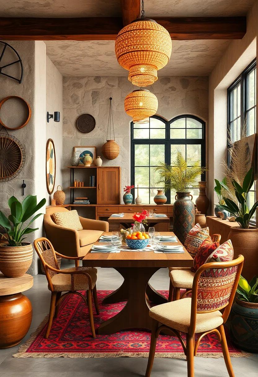 Rustic Boho Wooden Elements Paired with Color-Rich Eclectic Ceramics for Dining Ambiance