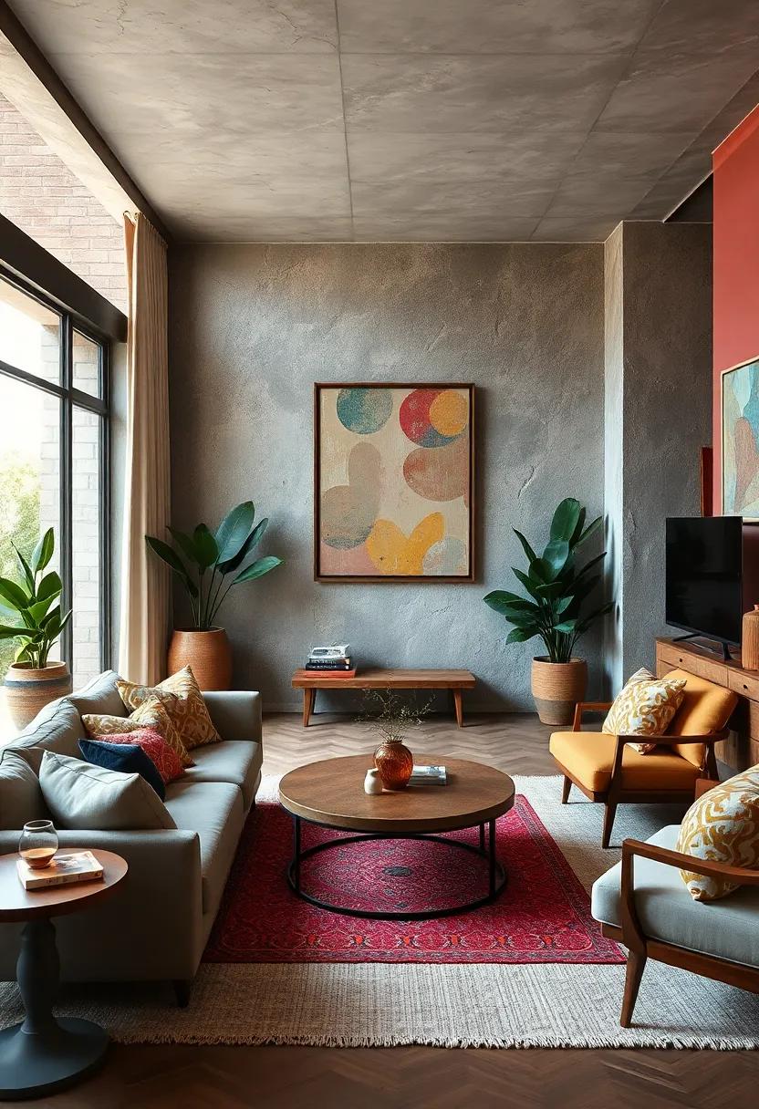 Subdued Eclectic Color Schemes Highlighting Vibrant Boho Accent Walls and Art Pieces