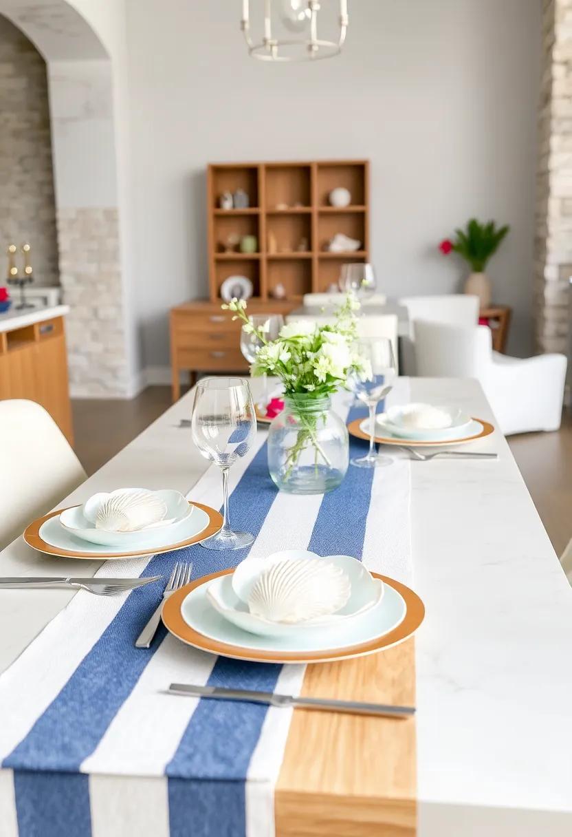 Embrace a nautical theme with a blue and white striped runner paired with shell-themed dinnerware to bring the beach vibe to your dining table