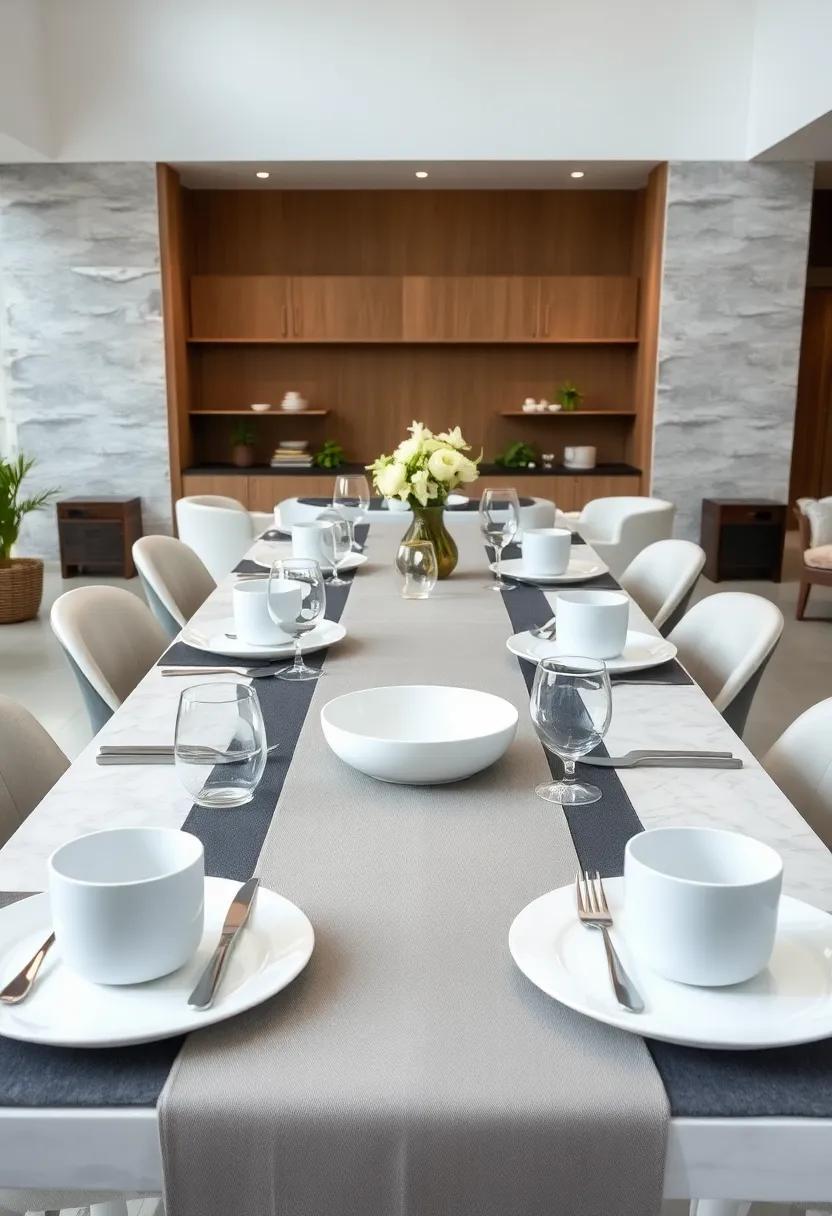 Incorporate a minimalistic ​approach with a⁤ monochrome⁤ runner‌ and⁣ simple ⁣white⁣ dinnerware, emphasizing cleanliness and elegance