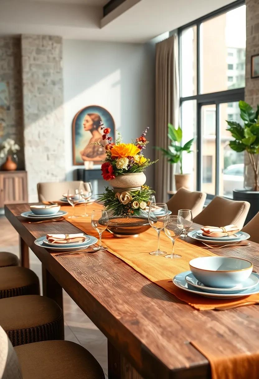 Heights and⁣ textures ‍come alive with a⁢ tiered centerpiece placed⁣ atop ⁤a solid color⁤ runner, drawing the⁤ eye and‍ creating visual interest