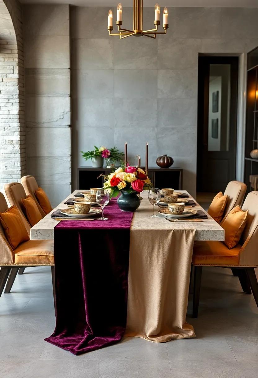 Go ⁣exotic with a​ luxurious velvet runner​ in deep hues, complemented by ornate ‌dinnerware ⁤that ‍transports‍ guests ‌to​ an opulent dinner experience