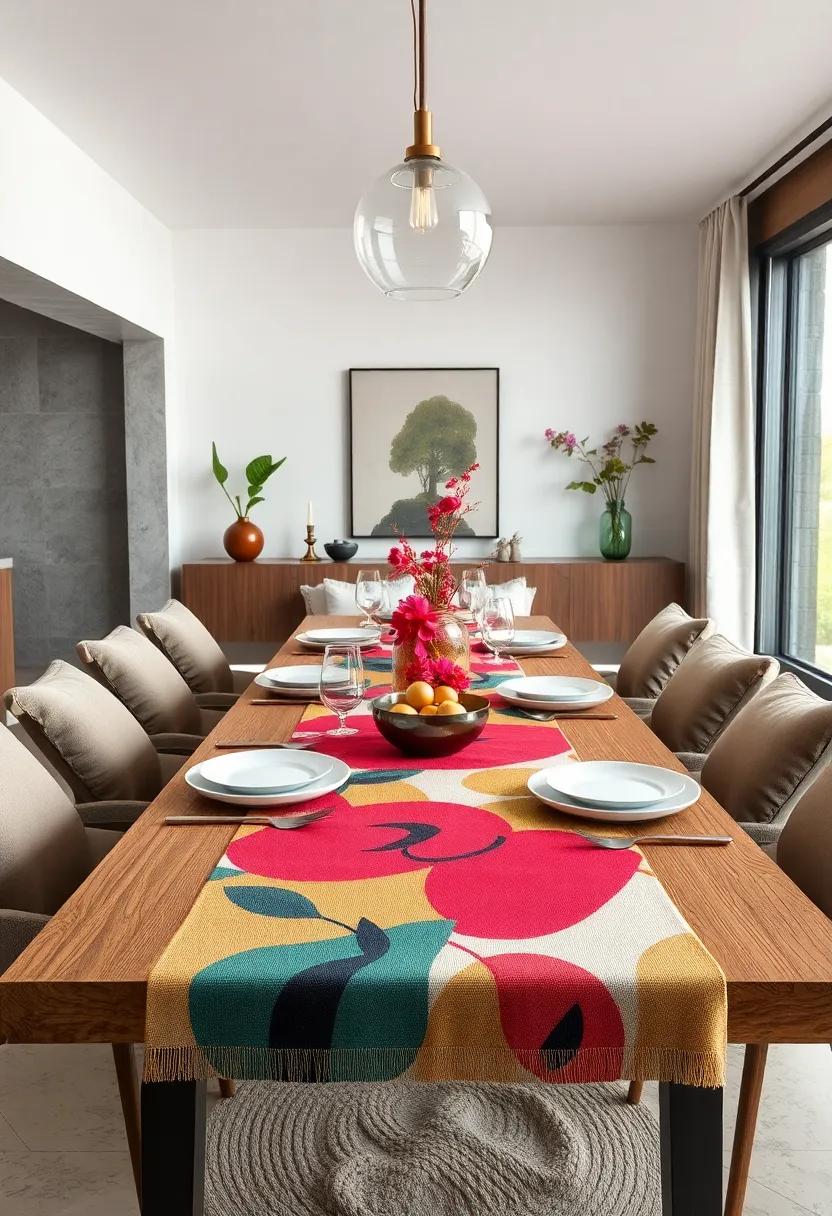showcase your‍ personality by using⁣ a bold,‌ artistically ⁣designed runner as‌ a statement piece, drawing attention⁤ to surrounding ‍minimal dinnerware