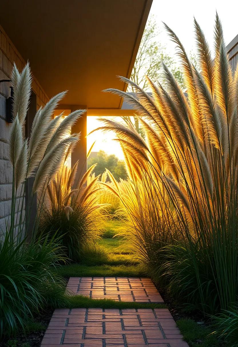 Golden Tones of African Grasses Reflecting the First Rays of Dawn, Framed by a Classic Brick Path and Simple Garden Lantern