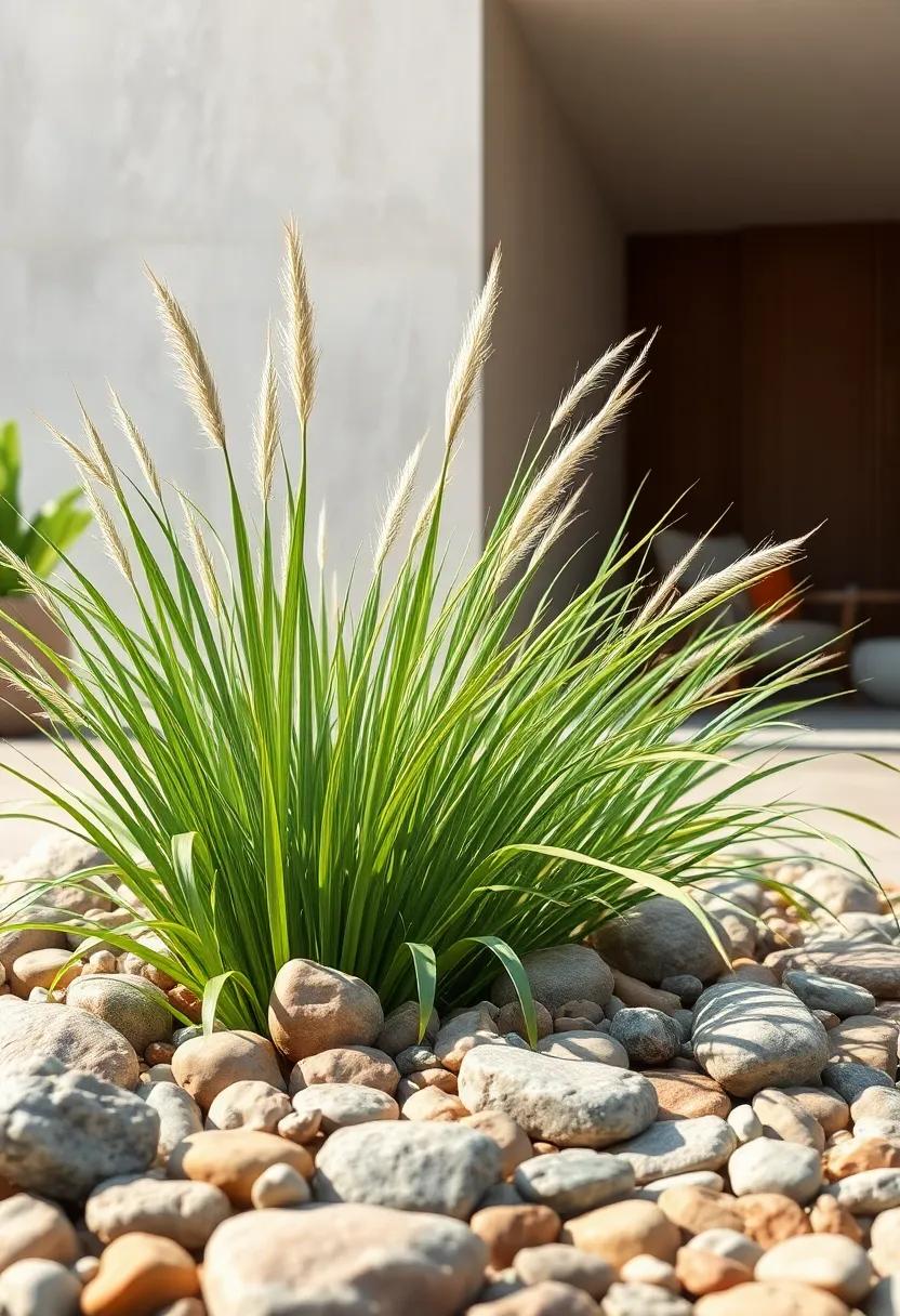 Close-up View of Dew-Kissed African Savanna Grass Blades Twisting Elegantly Amidst Smooth River Rocks and Pebbles