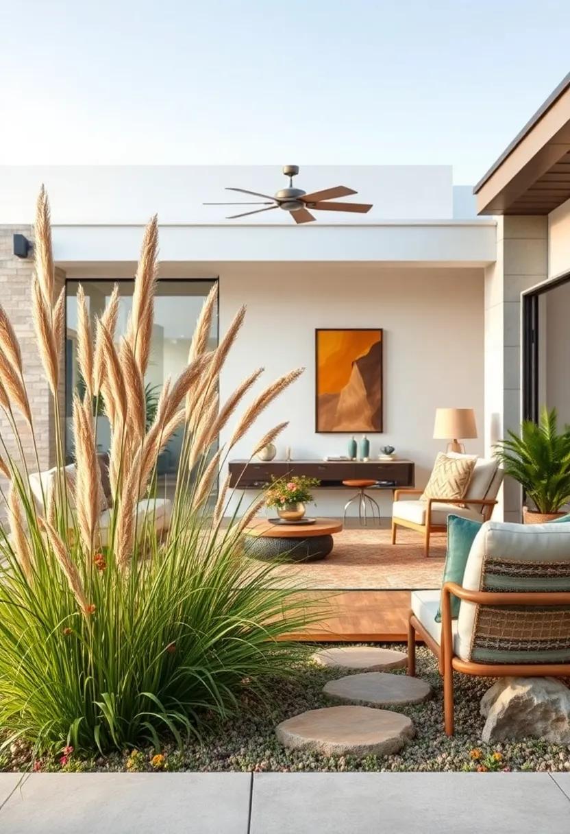 A Front Yard Featuring Clusters of African Savanna Grasses Interwoven With Small Native Flowers for Seasonal Color