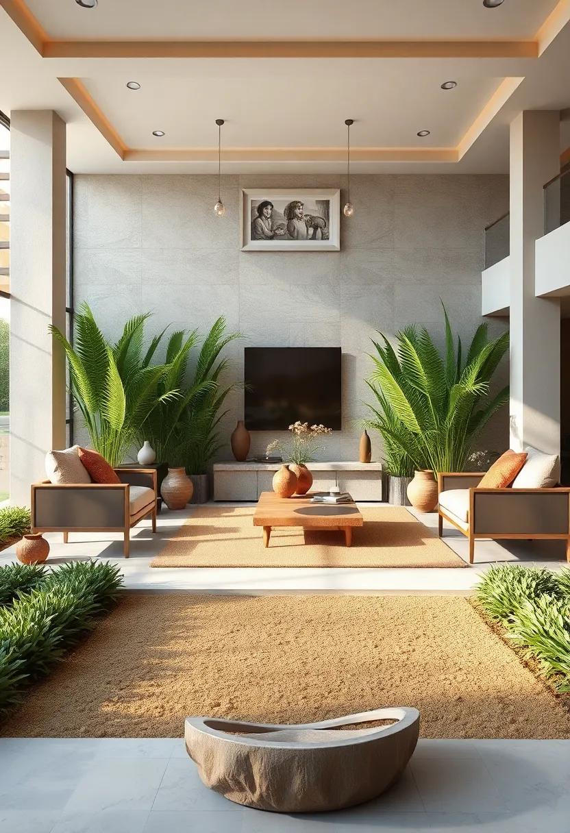 Measurements of Lush African Grasses Balancing the Front Yard Layout, Flanked by Low Green Shrubs and Open Ground Space