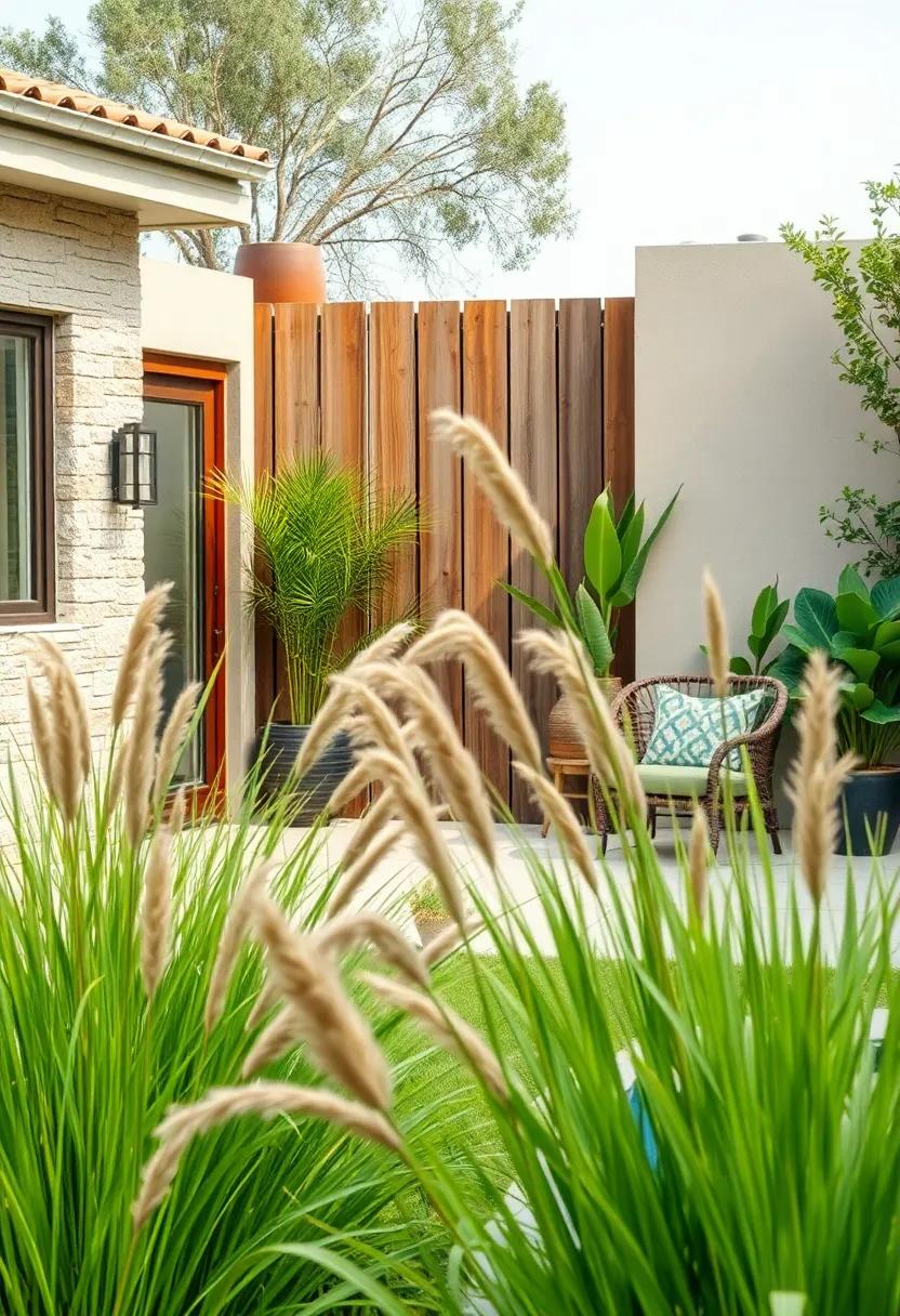 Rustic Charm of African Savanna Grasses Blending Beautifully with Worn Wooden Fence Panels in a Cozy Residential Yard