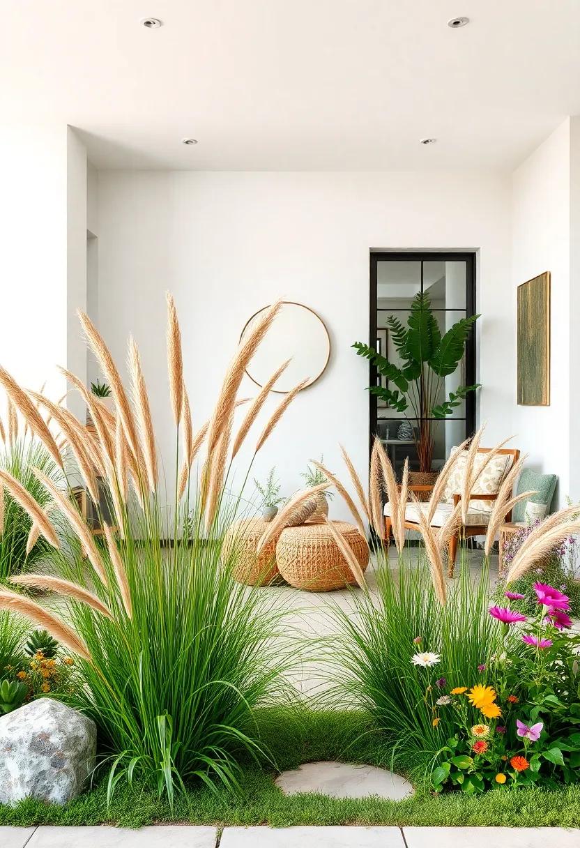 A Playful Contrast of Deep Green and Subtle Tan African Grasses Interspersed with Bright Wildflowers in a Front Garden