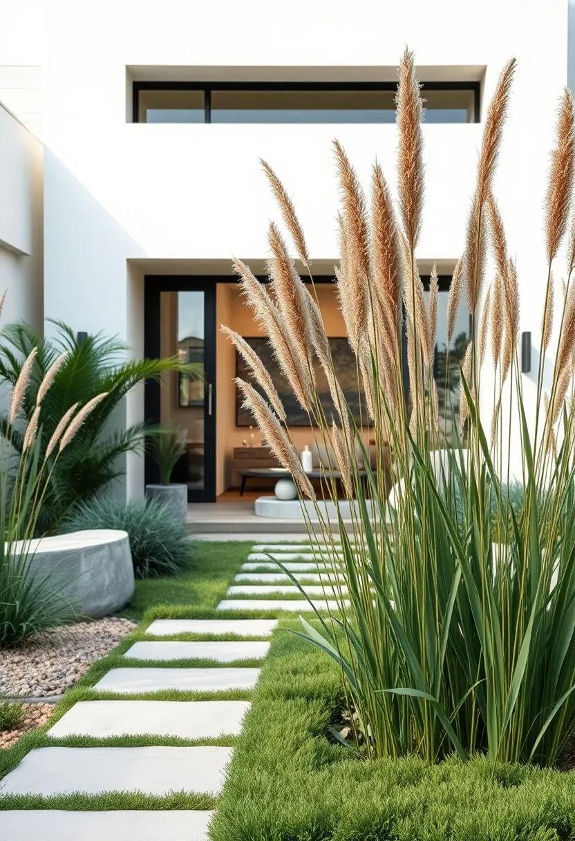A Minimalist Front Yard with Tall, Slender African Grasses Whose Silhouettes Are Striking Against a Modern White Facade