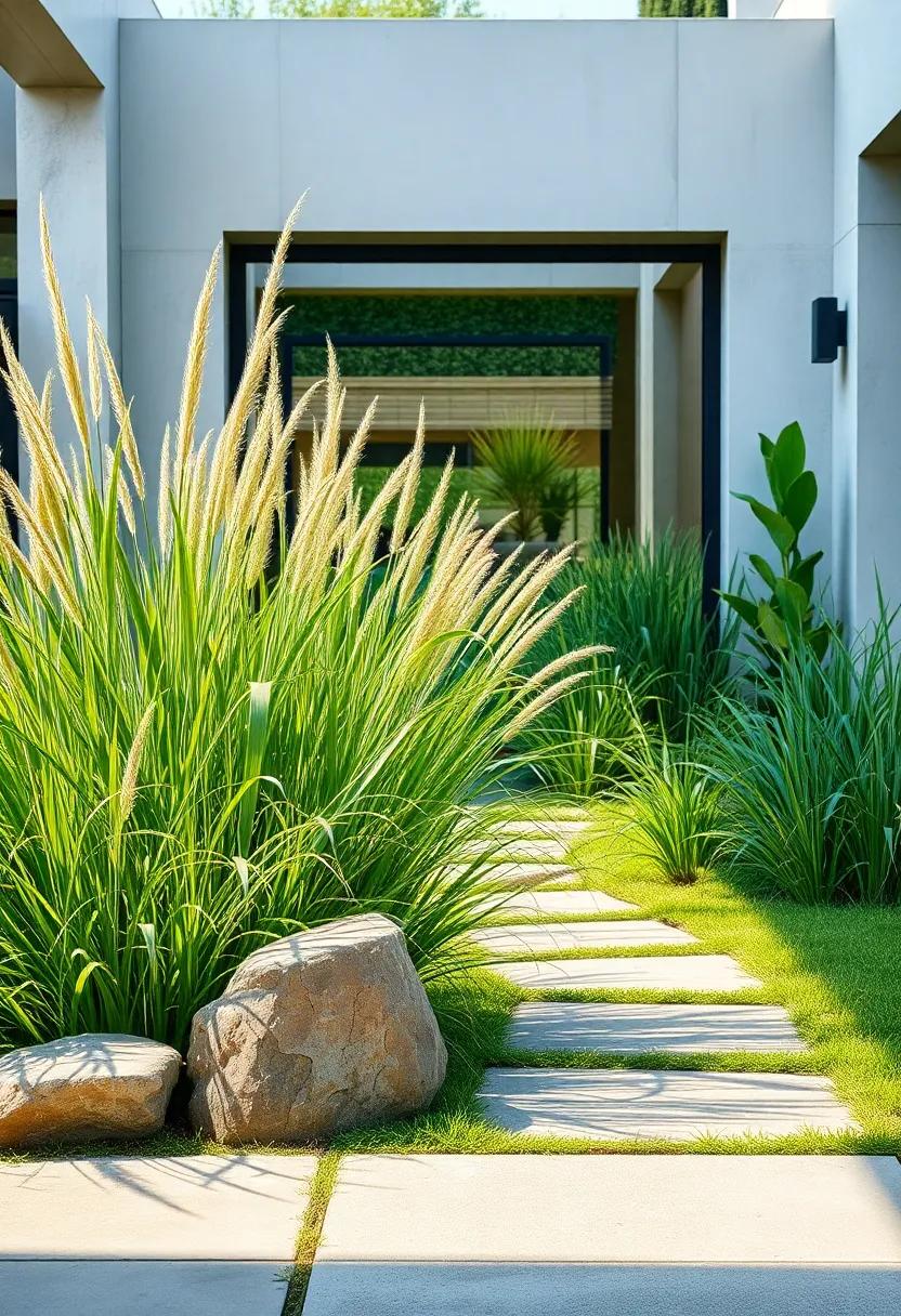The Play of Light and Shadow on Layered Grass Textures Creating a Natural Mosaic Across a Well-Designed Front Yard