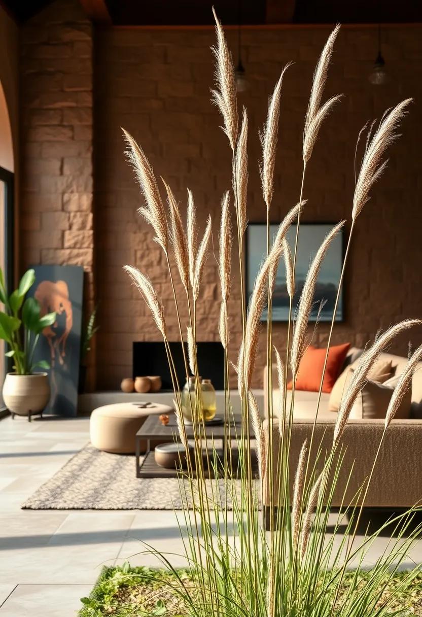 Delicate Seed Heads of Savanna Grasses Catching the Breeze, Set Against a Rustic Terra Cotta Wall in Early Autumn