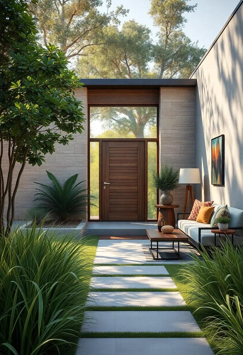 A Natural African Savanna Grass Border Framing a Front Door, Enhanced by Light Filtering Through Nearby Tree Canopies