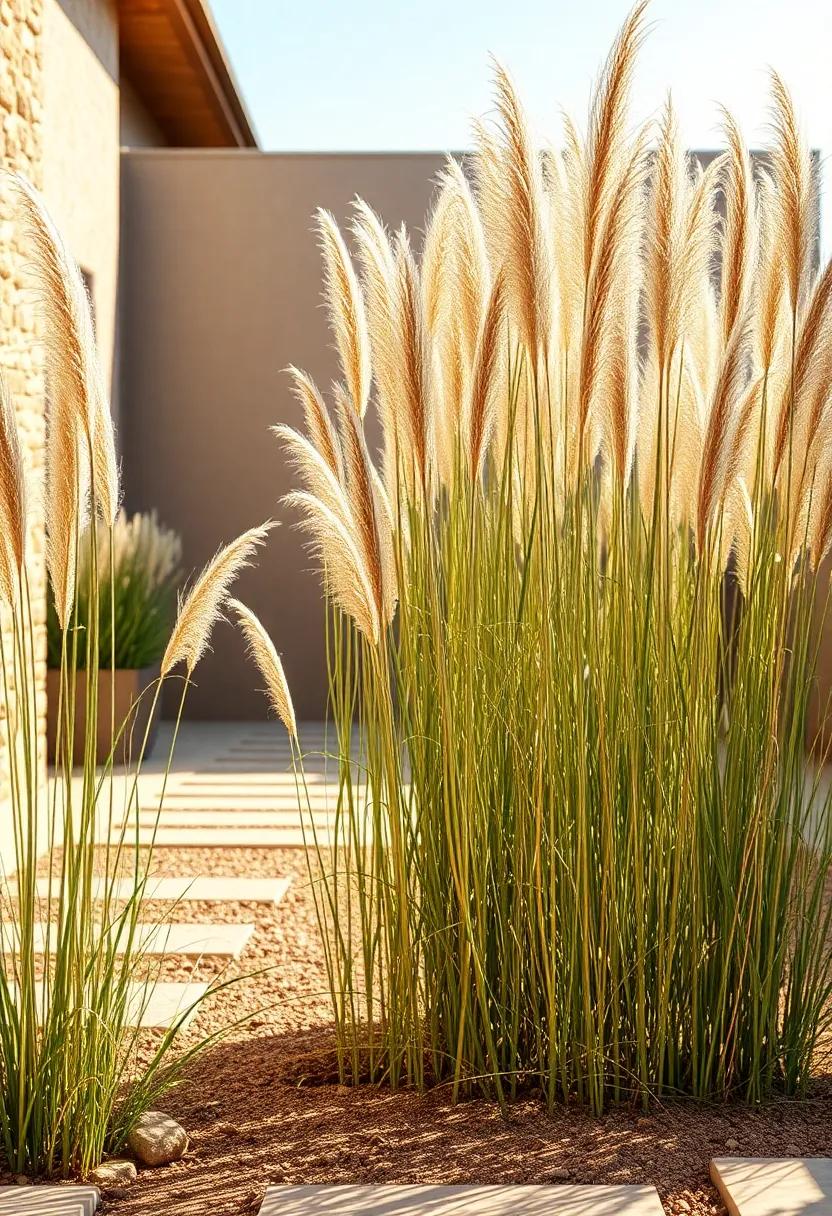 The Subtle Movement of Tall African Grass Against a Gentle Breeze with a Background of Warm Stone Walls and Pathways